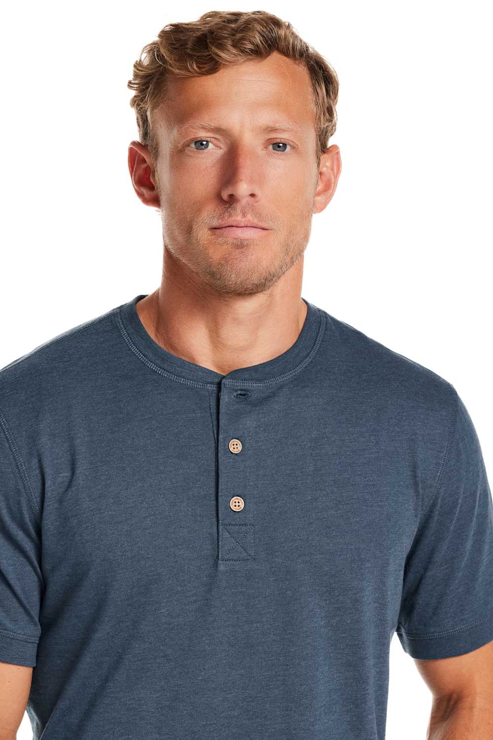 Weatherproof Vintage Jersey Henley Shirt for Men in Cobalt; Man wearing a blue henley shirt on a white background