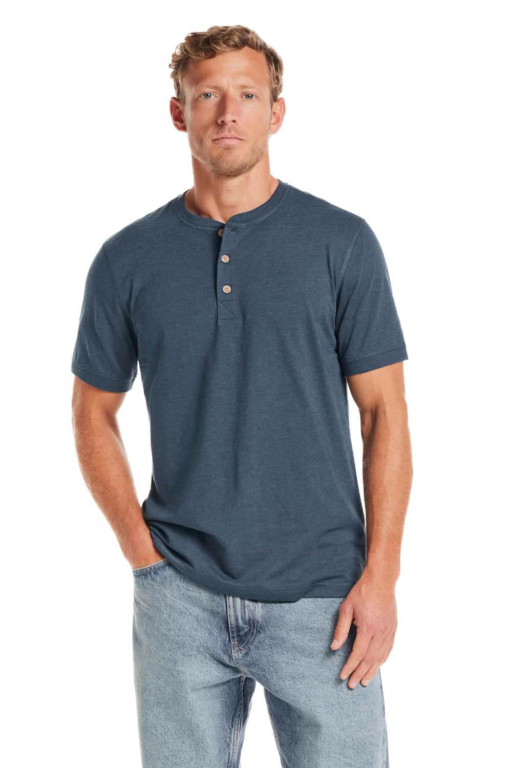 Weatherproof Vintage Jersey Henley Shirt for Men in Cobalt; Man wearing a blue henley shirt and jeans on a white background