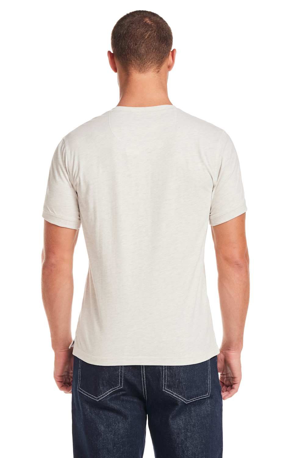 Weatherproof Vintage Jersey Henley Shirt for Men in Oatmeal; Man wearing a plain white t-shirt and dark jeans on a white background