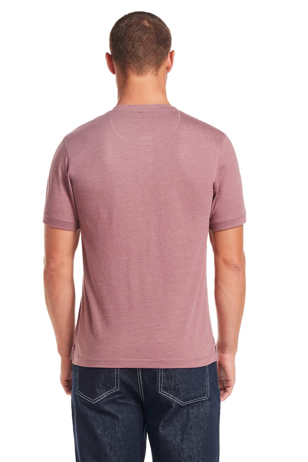 Weatherproof Vintage Jersey Henley Shirt for Men in Rose; Man wearing a mauve t-shirt and dark jeans on a white background