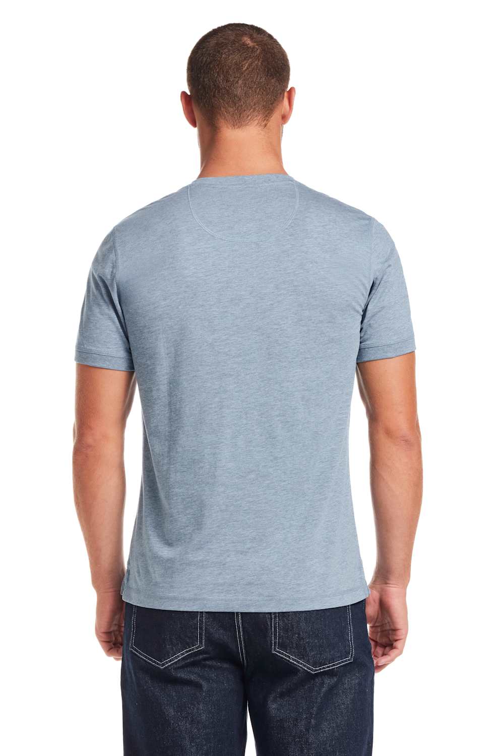 Weatherproof Vintage Jersey Henley Shirt for Men in Spring Wave; Man wearing a light blue t-shirt and dark jeans on a white background