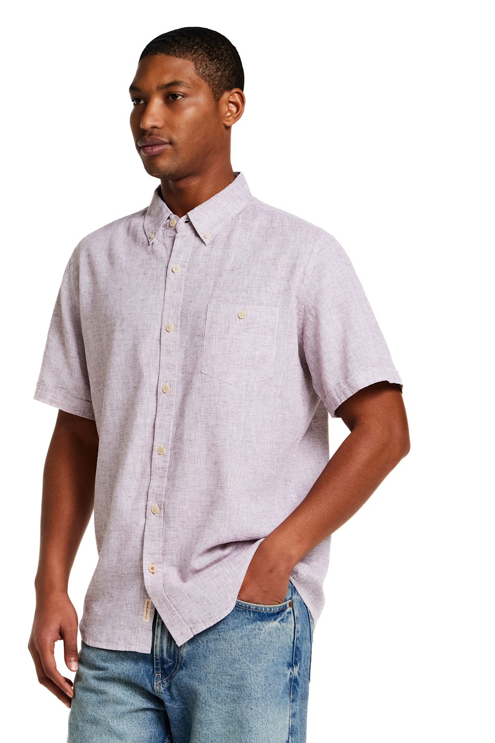 Weatherproof Vintage Cotton Linen Solid Button Down Shirt for Men in Rose; Man wearing a light gray short-sleeve button-up shirt and blue jeans on a white background 