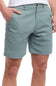 Person wearing light green shorts on a white background