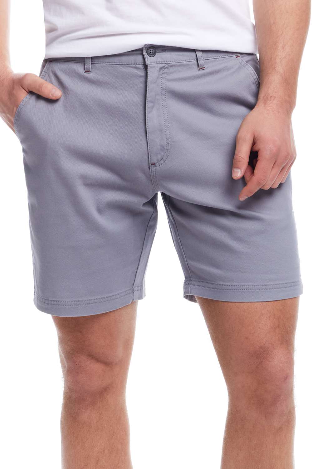 Gray shorts worn by a person on a white background