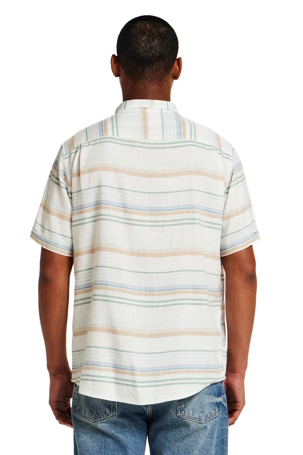 Weatherproof Vintage Striped Country Twill Button Up Shirt for Men in Capri Blue; Man wearing a striped shirt from behind on a white background