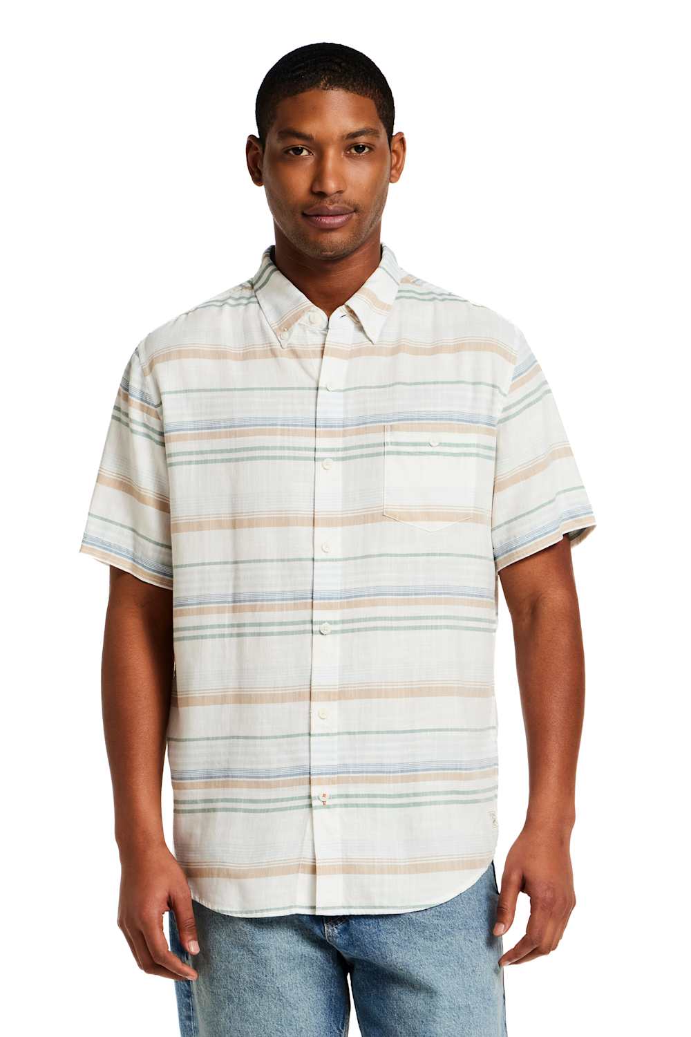 Weatherproof Vintage Striped Country Twill Button Up Shirt for Men in Capri Blue; Man wearing a striped shirt and jeans on a white background
