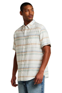 Weatherproof Vintage Striped Country Twill Button Up Shirt for Men in Capri Blue; Man wearing a striped short-sleeve shirt on a white background