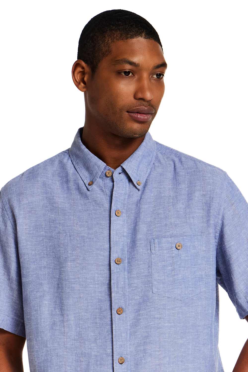 Weatherproof Vintage Cotton Linen Stripe Button Down Shirt for Men in Infinity Blue; Man wearing a blue button-up shirt against a white background