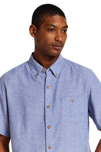 Weatherproof Vintage Cotton Linen Stripe Button Down Shirt for Men in Infinity Blue; Man wearing a blue button-up shirt against a white background