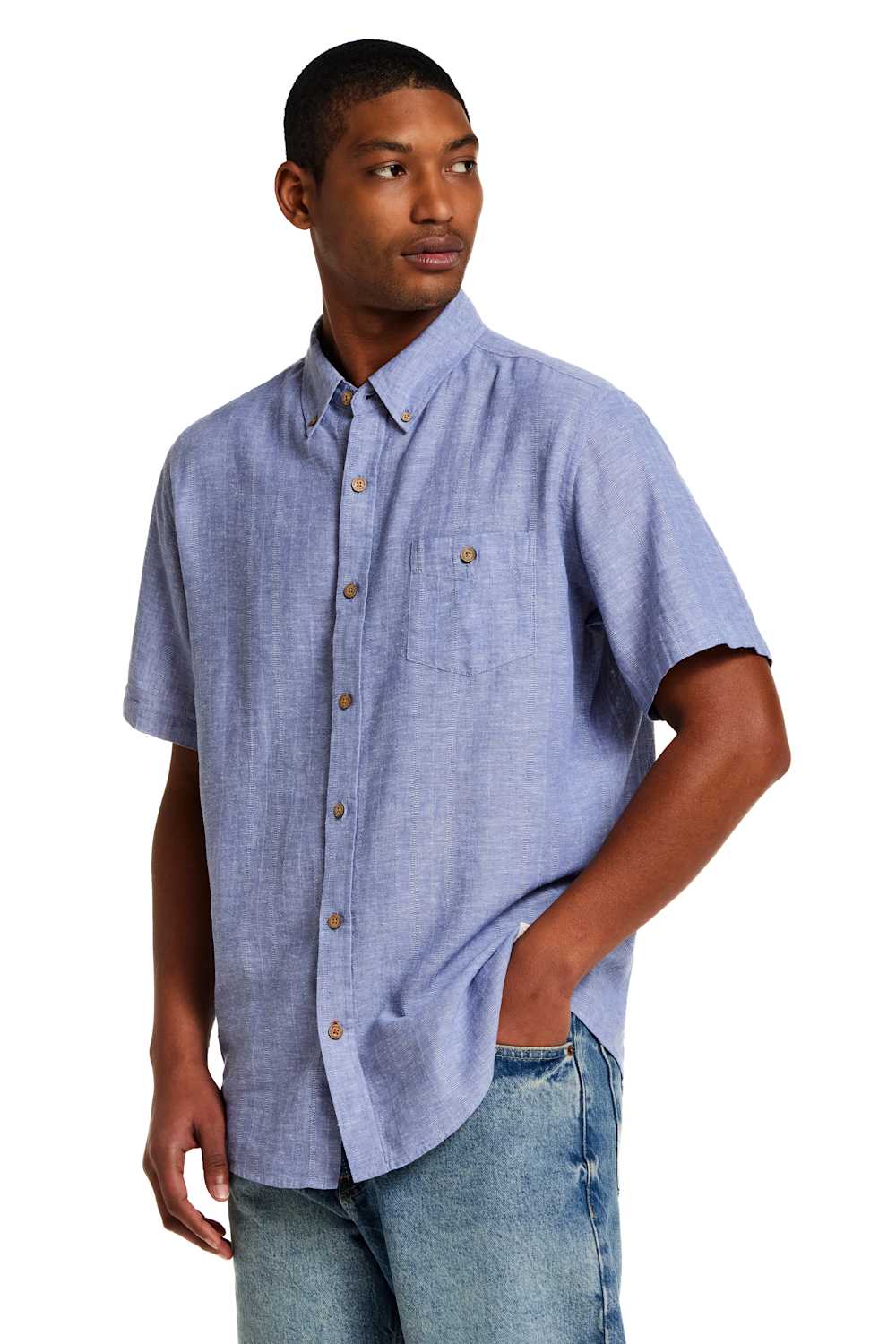 Weatherproof Vintage Cotton Linen Stripe Button Down in Infinity