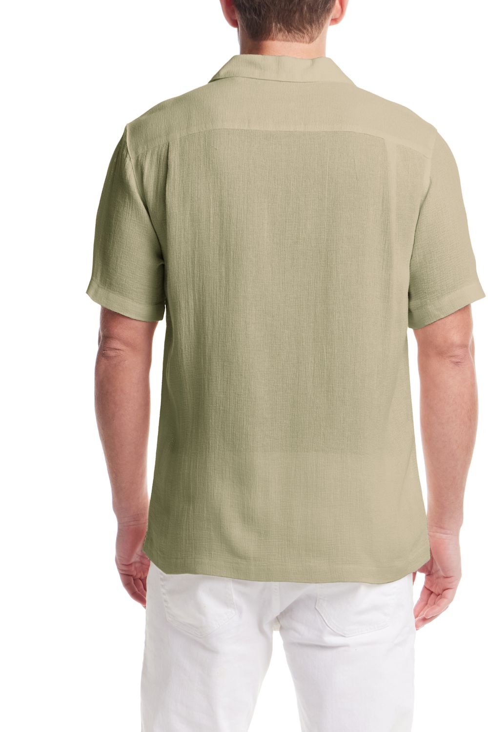 Weatherproof Vintage Cotton Airtex Shirt for Men in Seagrass; Man wearing a green short-sleeve shirt on a white background