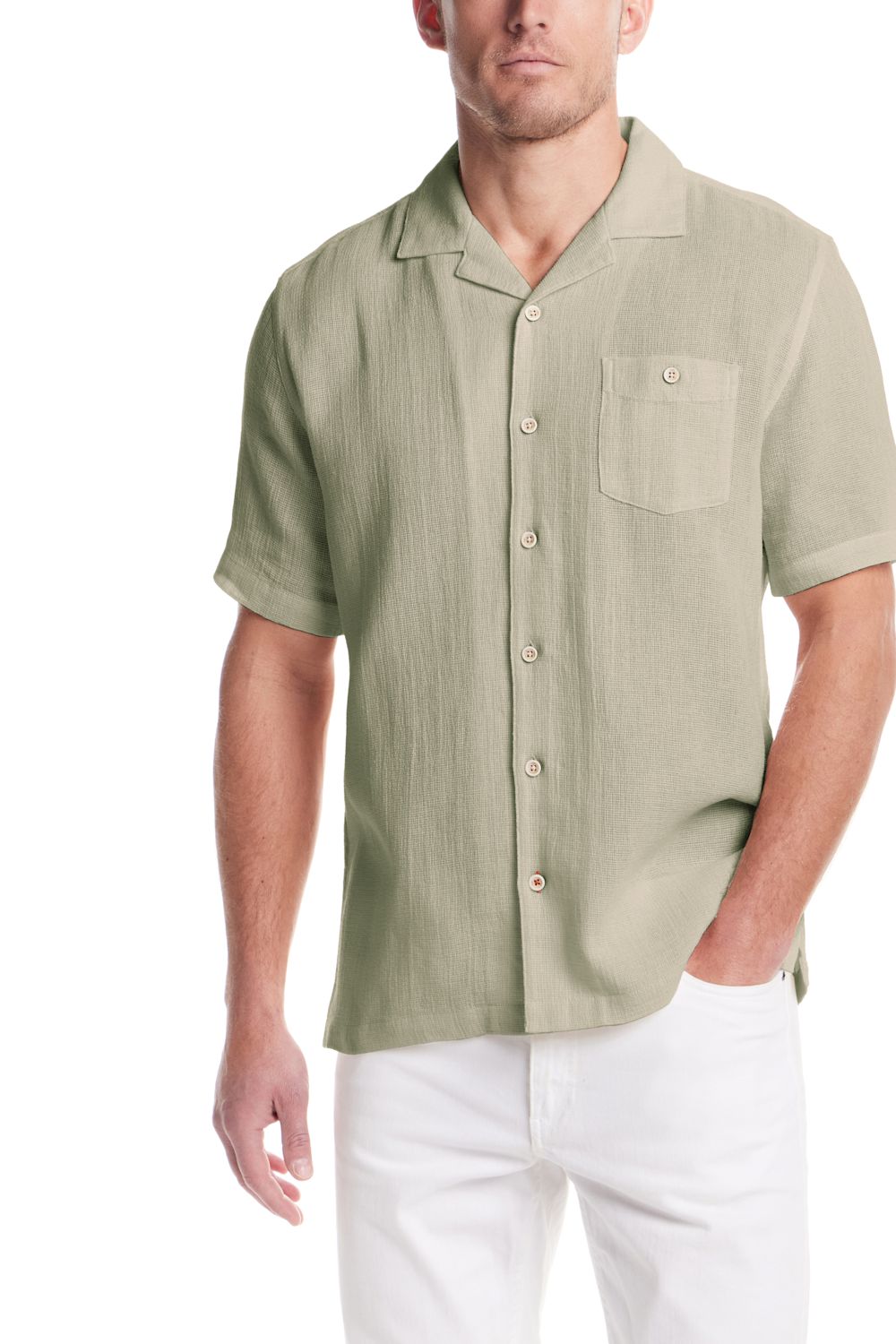 Weatherproof Vintage Cotton Airtex Shirt for Men in Seagrass; Man wearing a light green short-sleeve button-up shirt with a pocket on a white background