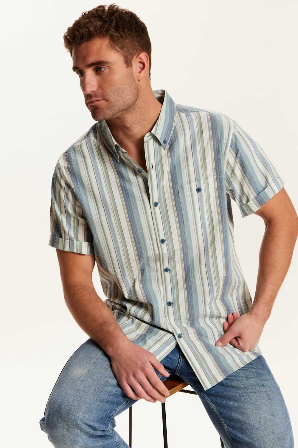 Weatherproof Vintage Seersucker Stripe Button Down Shirt for Men in Green Slate