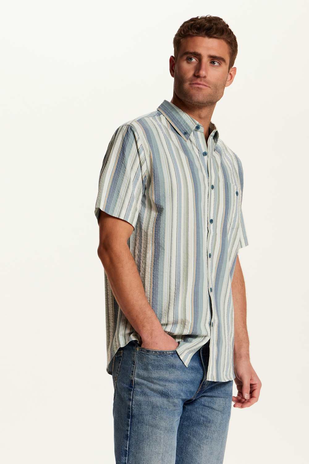 Weatherproof Vintage Seersucker Stripe Button Down Shirt for Men in Green Slate