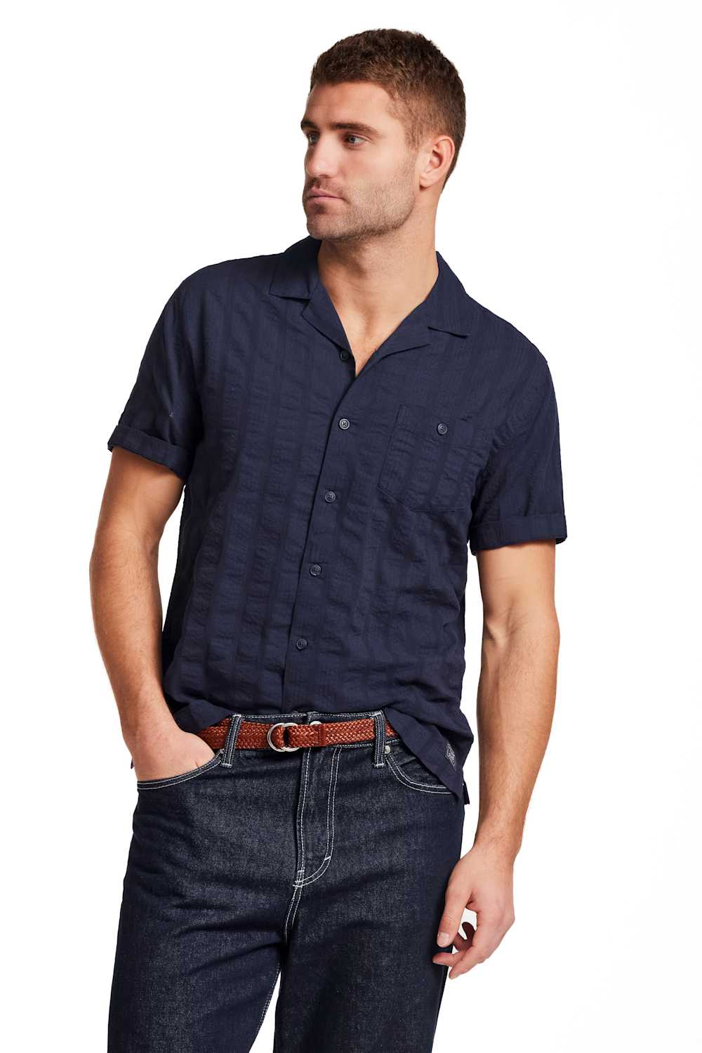Weatherproof Vintage Dobby Seersucker Shirt for Men in Navy