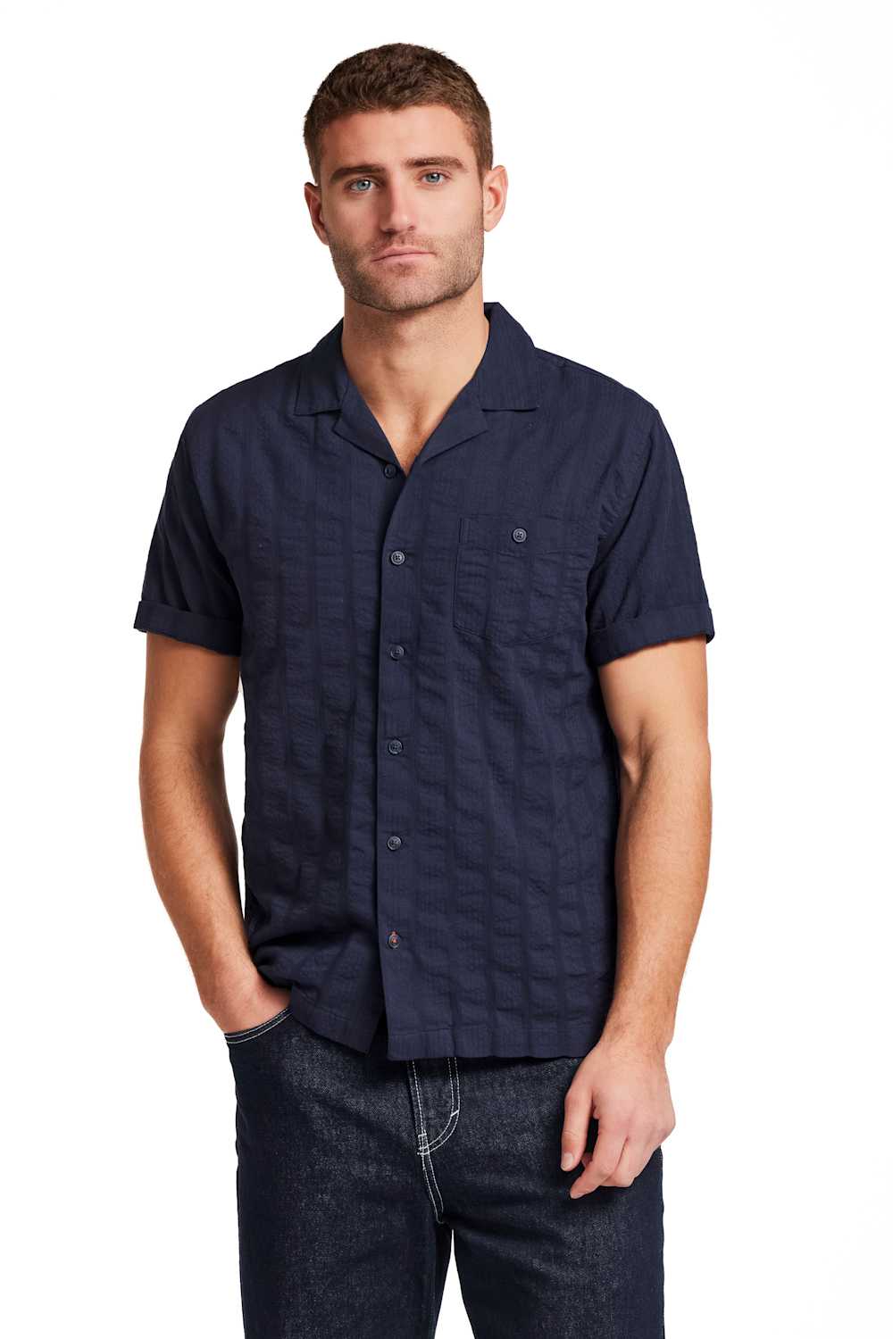 Weatherproof Vintage Dobby Seersucker Shirt for Men in Navy