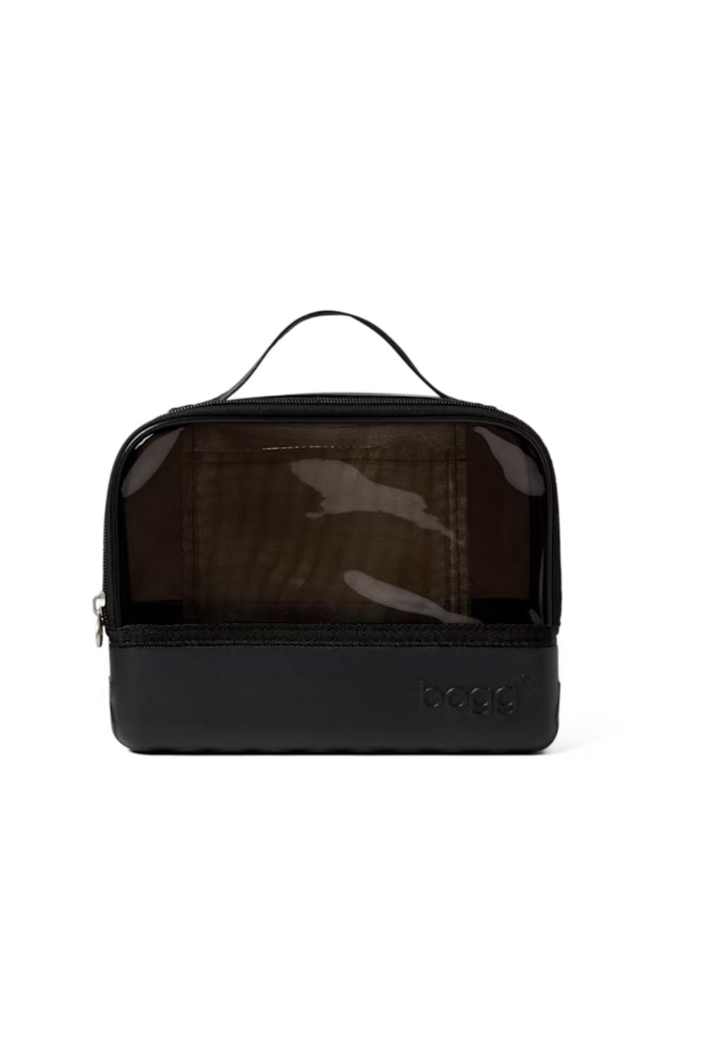 A black toiletry bag with a transparent window showing toiletries inside, featuring a top handle and a debossed logo on the front.
