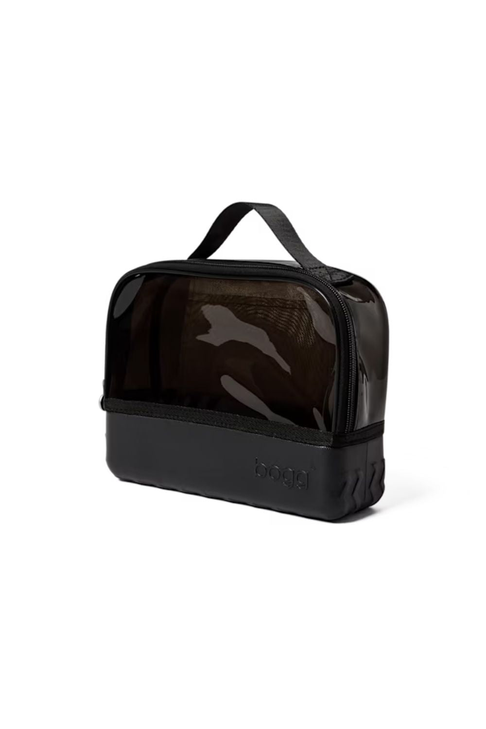 A black toiletry bag with a transparent window showing a dark camouflage-patterned insert, set against a plain white background.