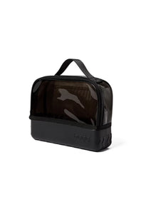 A black toiletry bag with a transparent window showing a dark camouflage-patterned insert, set against a plain white background.