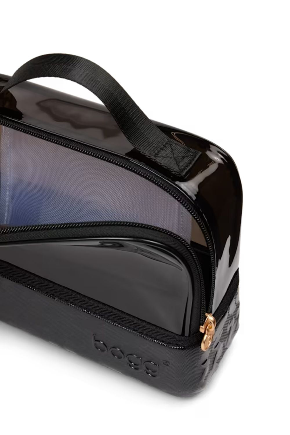 A glossy black waterproof pouch with a top handle, featuring a clear window showing a blue item inside, a gold zipper pull, 