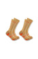 Four pairs of crew socks in a heathered tan color with bright orange accents on the heels, toes, and ribbed cuffs, displayed against a plain white background.