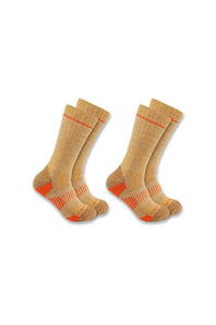 Four pairs of crew socks in a heathered tan color with bright orange accents on the heels, toes, and ribbed cuffs, displayed against a plain white background.