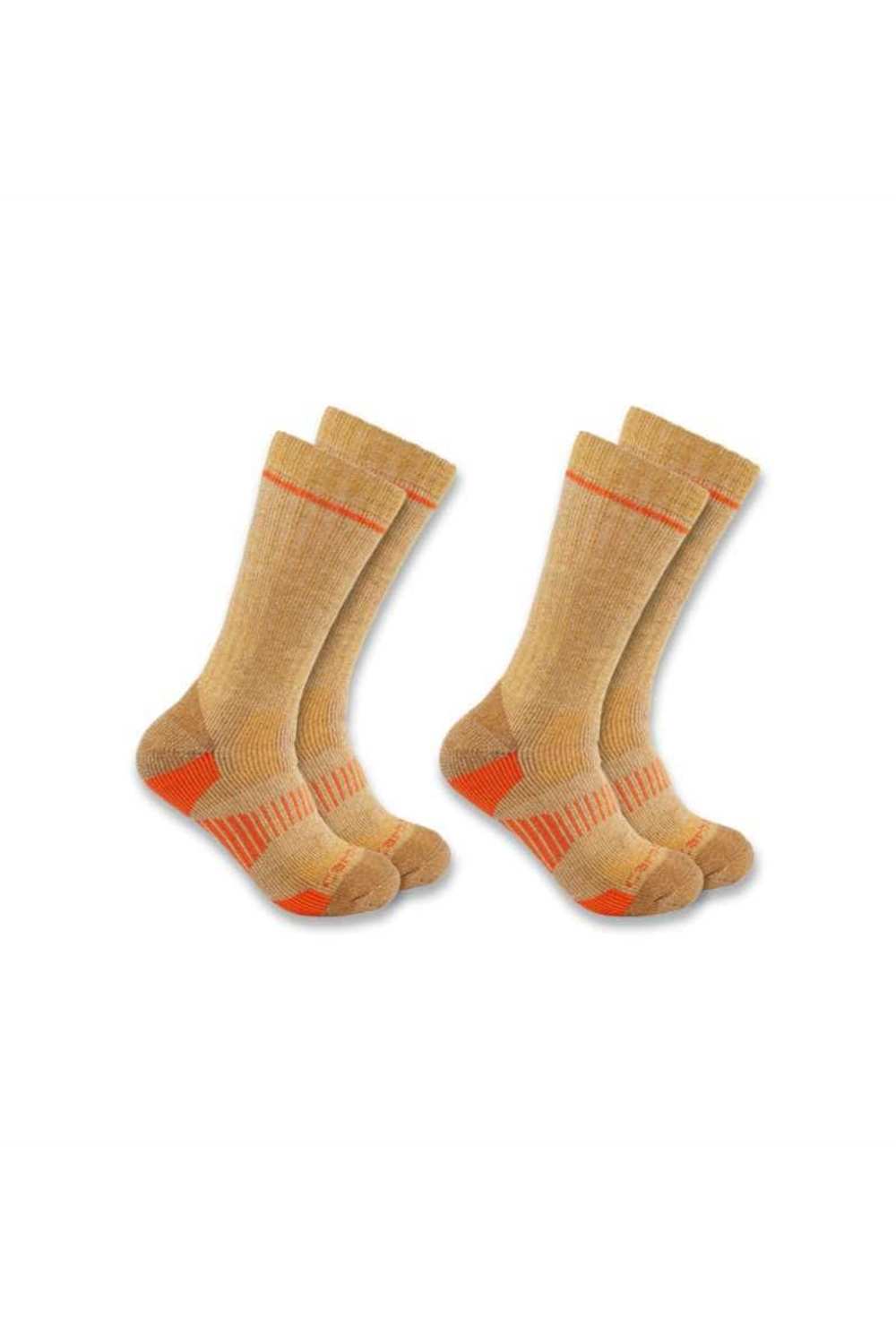 Four pairs of crew socks in a heathered tan color with bright orange accents on the heels, toes, and ribbed cuffs, displayed against a plain white background.