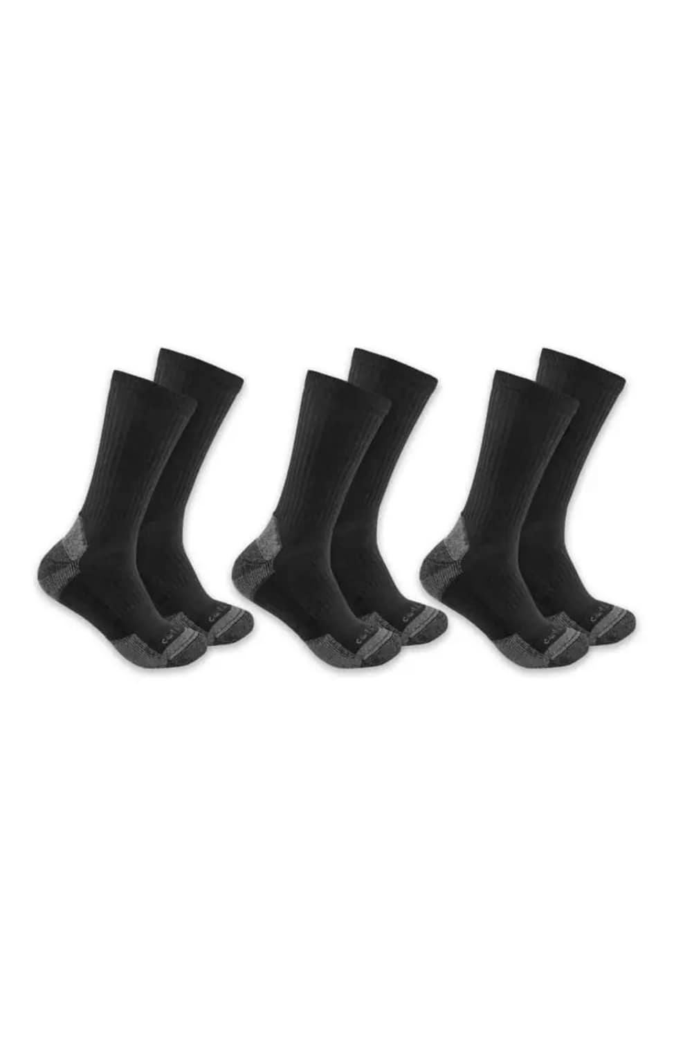 3 pairs of black crew socks with gray accents on the heels, toes, and soles