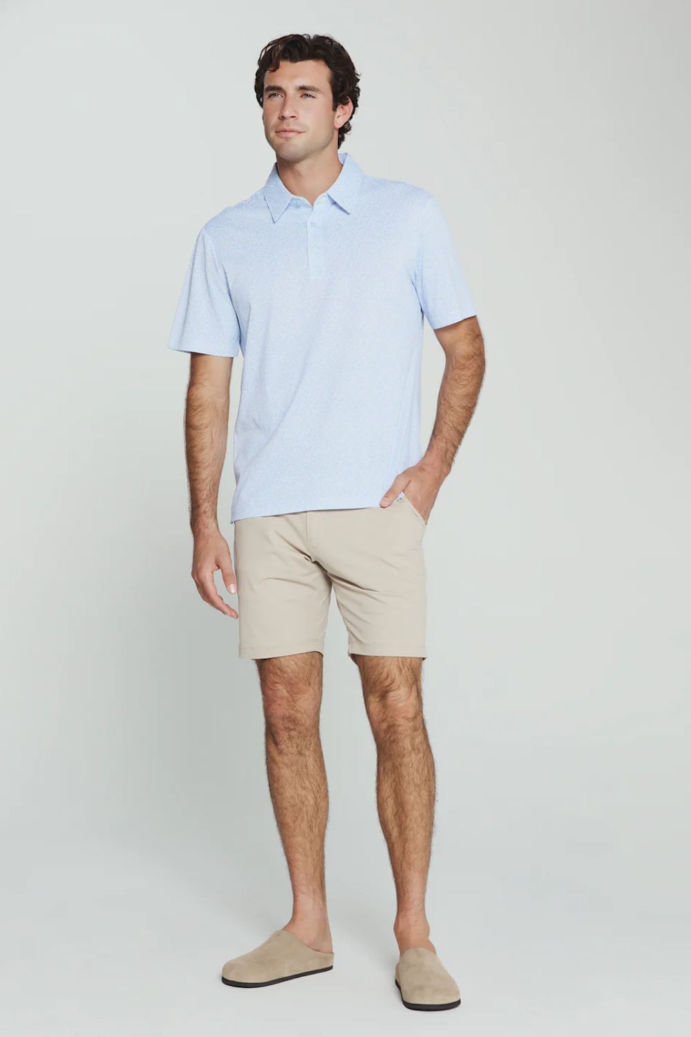 7Diamonds Aires Polo for Men in Light Blue; Man wearing a light blue polo shirt and beige shorts on a white background