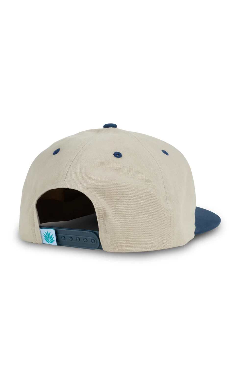Back view of a beige and blue cap with a brand logo on a white background. The cap is named the Sendero Provisions Co. Leroy Brown Hat in Khaki/Navy.