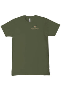 An olive green short-sleeve t-shirt with a small gold embroidered logo on the left chest reading 'simply weathered THE CLOTHING COMPANY'. The t-shirt is displayed flat against a solid white background.