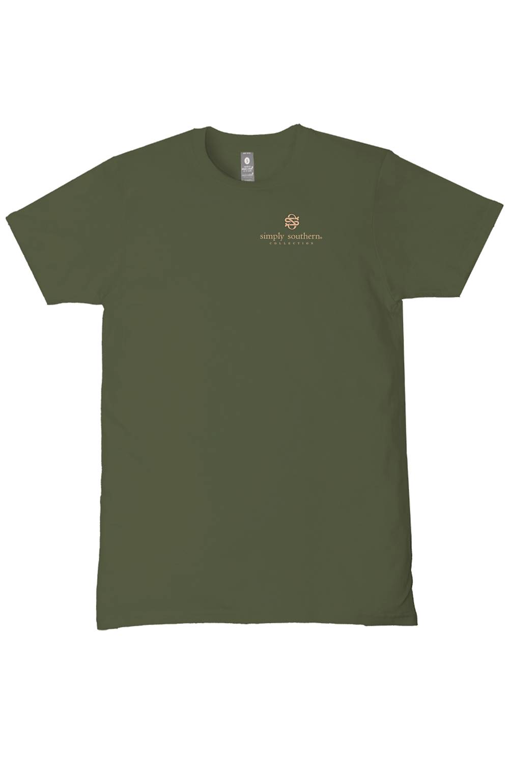 An olive green short-sleeve t-shirt with a small gold embroidered logo on the left chest reading 'simply weathered THE CLOTHING COMPANY'. The t-shirt is displayed flat against a solid white background.