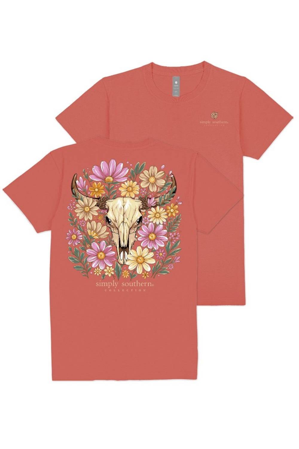 A coral red short-sleeve t-shirt shown from both front and back. The front features a large graphic of a white bull skull surrounded by colorful pink, yellow, and purple wildflowers