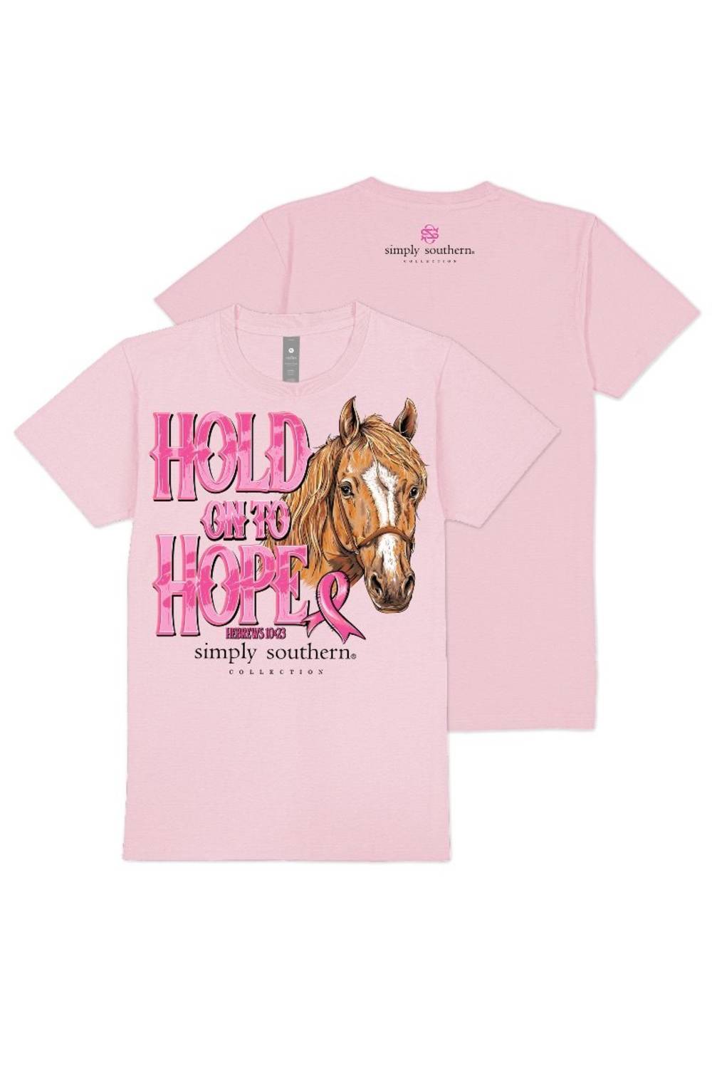 A light pink short-sleeve graphic t-shirt from Simply Southern, featuring a brown horse illustration and the text 'HOLD ON TO HOPE' in pink and brown. A second view of the back of the same shirt is shown behind it on a white background.