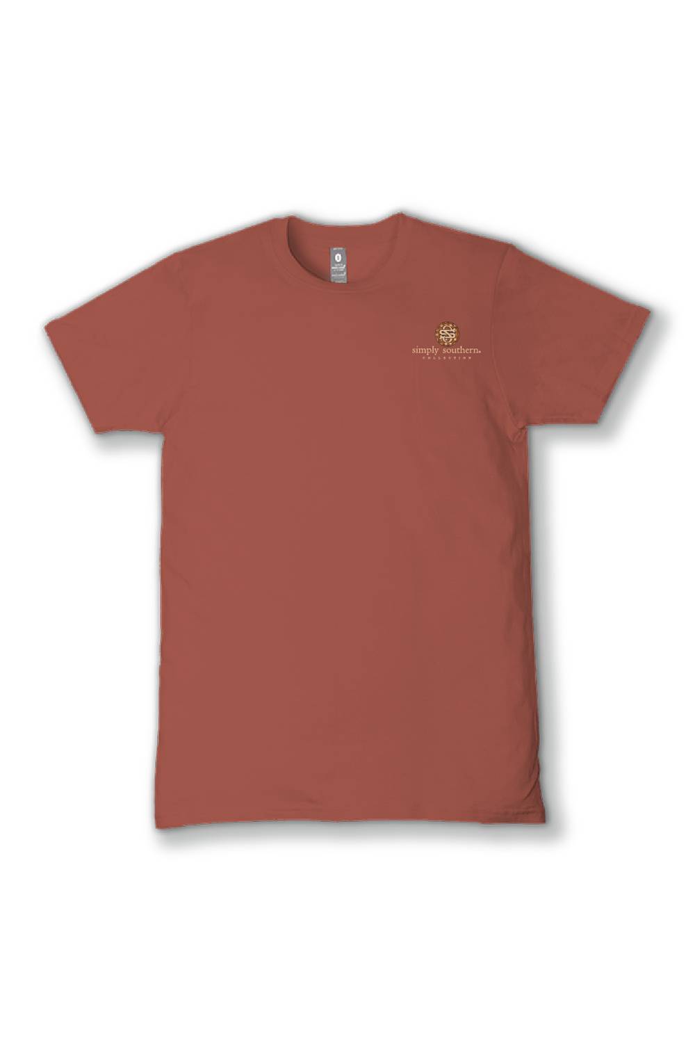 A short-sleeve crewneck t-shirt in a muted terracotta or rust color, featuring a small gold embroidered crest and the words 'simply southern' on the left chest, displayed against a clean white background.