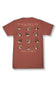 A terracotta-colored short-sleeve t-shirt shown from the back, featuring a graphic print of multiple flying mallards with handwritten-style text above and below.
