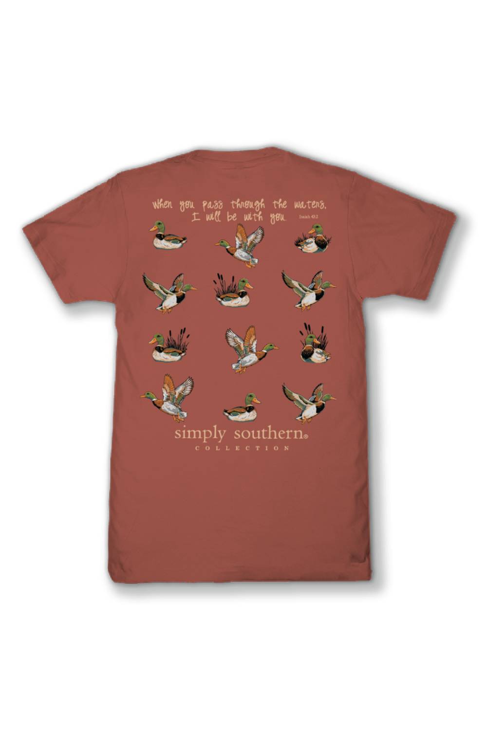 A terracotta-colored short-sleeve t-shirt shown from the back, featuring a graphic print of multiple flying mallards with handwritten-style text above and below.