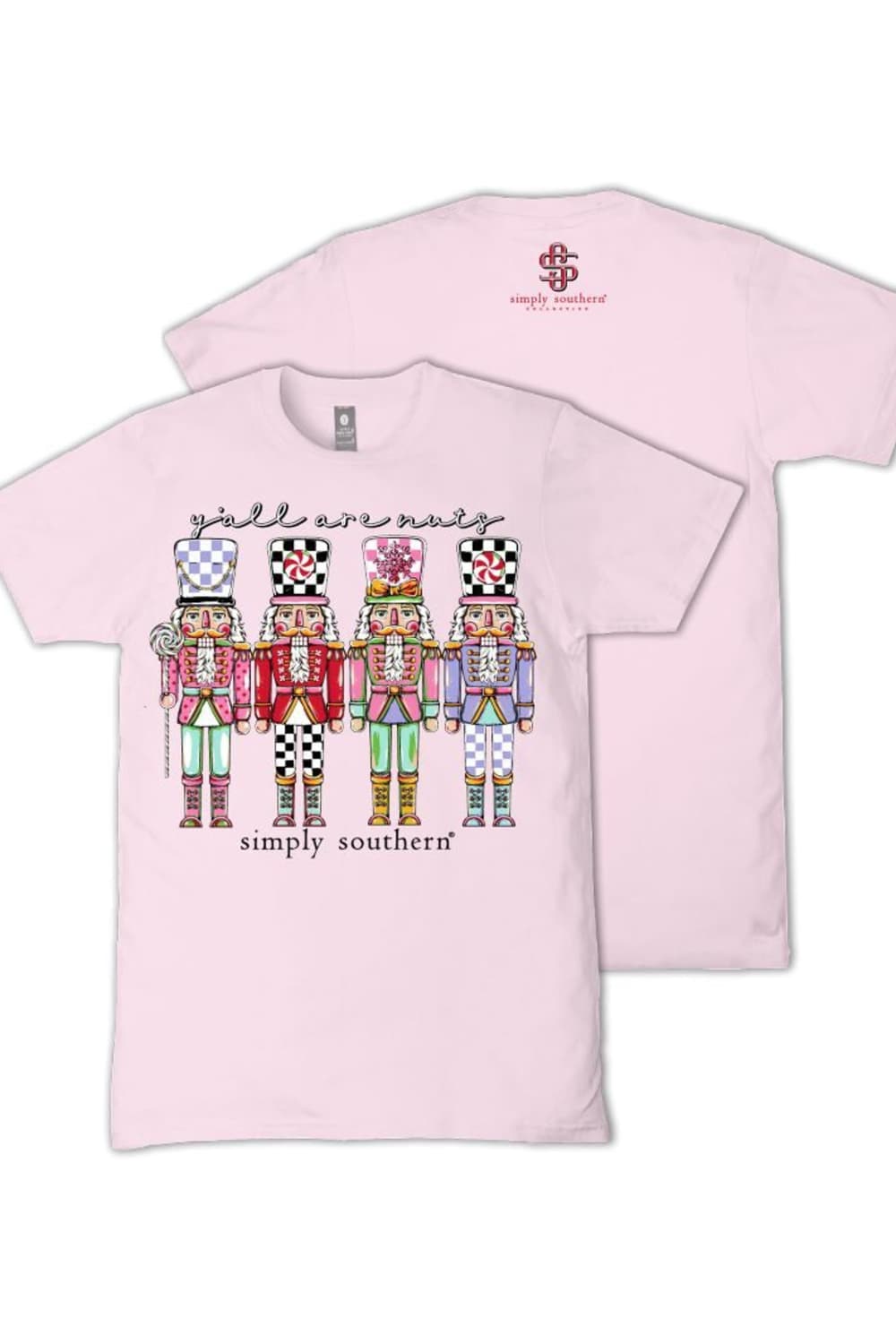A light pink short-sleeve t-shirt shown from both the front and back. The front features a graphic of four colorful nutcracker figures with the text 'y'all are nuts simply southern' above and below.