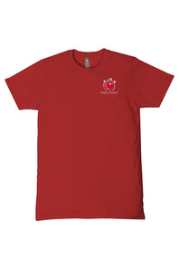 A red short-sleeve crewneck t-shirt with a small red apple graphic and white text on the left chest, displayed flat against a white background.