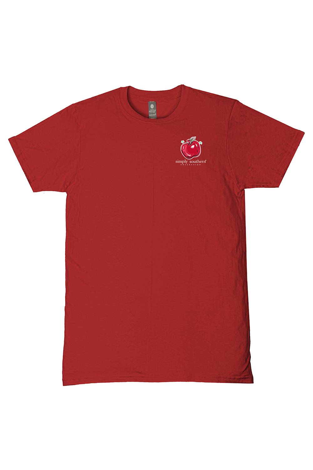A red short-sleeve crewneck t-shirt with a small red apple graphic and white text on the left chest, displayed flat against a white background.