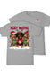 A light gray short-sleeve t-shirt with a festive Christmas graphic of three dachshunds wearing Santa hats and sweaters, with the text 'MERRY WOOFMAS' and 'simply southern' printed below. A second view of the plain gray shirt is shown behind it on a white background.