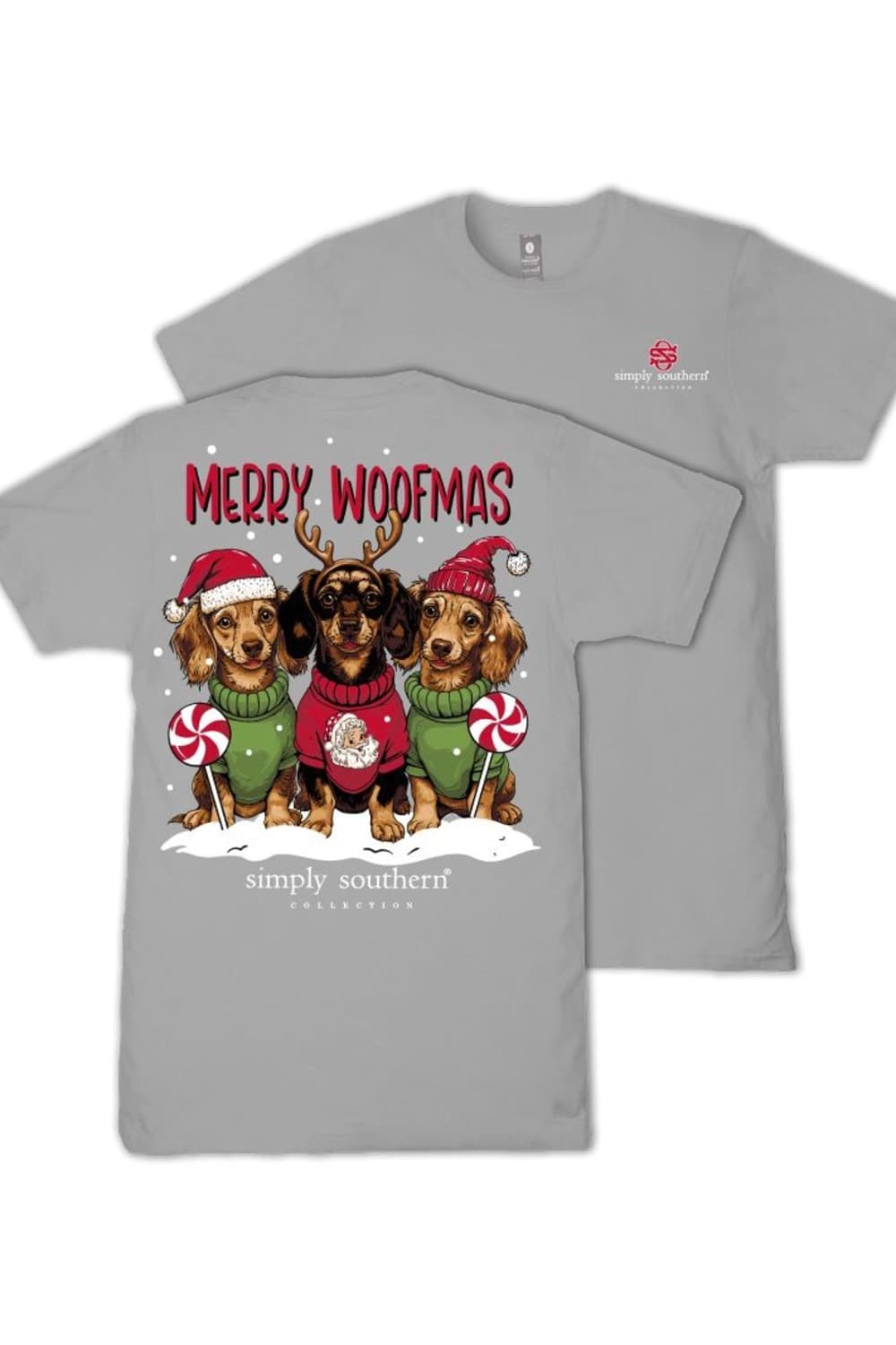 A light gray short-sleeve t-shirt with a festive Christmas graphic of three dachshunds wearing Santa hats and sweaters, with the text 'MERRY WOOFMAS' and 'simply southern' printed below. A second view of the plain gray shirt is shown behind it on a white background.