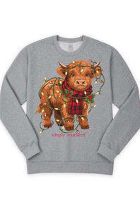 A heather gray crewneck sweatshirt featuring a graphic of a brown Scottish Highland cow wearing a red plaid scarf and holiday string lights, with the text 'simply southern' printed below.