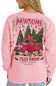 A woman wearing a light pink crewneck sweatshirt, viewed from the back. The sweatshirt features a large graphic print of a red vintage pickup truck carrying Christmas trees, with the words 'PAWSOME' and 'TREE FARM simply southern COLLECTION' printed around it.