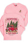 A pink crewneck sweatshirt shown from both front and back. The front features a graphic of a red vintage truck carrying Christmas trees, with the text 'PAWSOME TREE FARM simply southern collection' and a small dog wearing a Santa hat on the left chest.