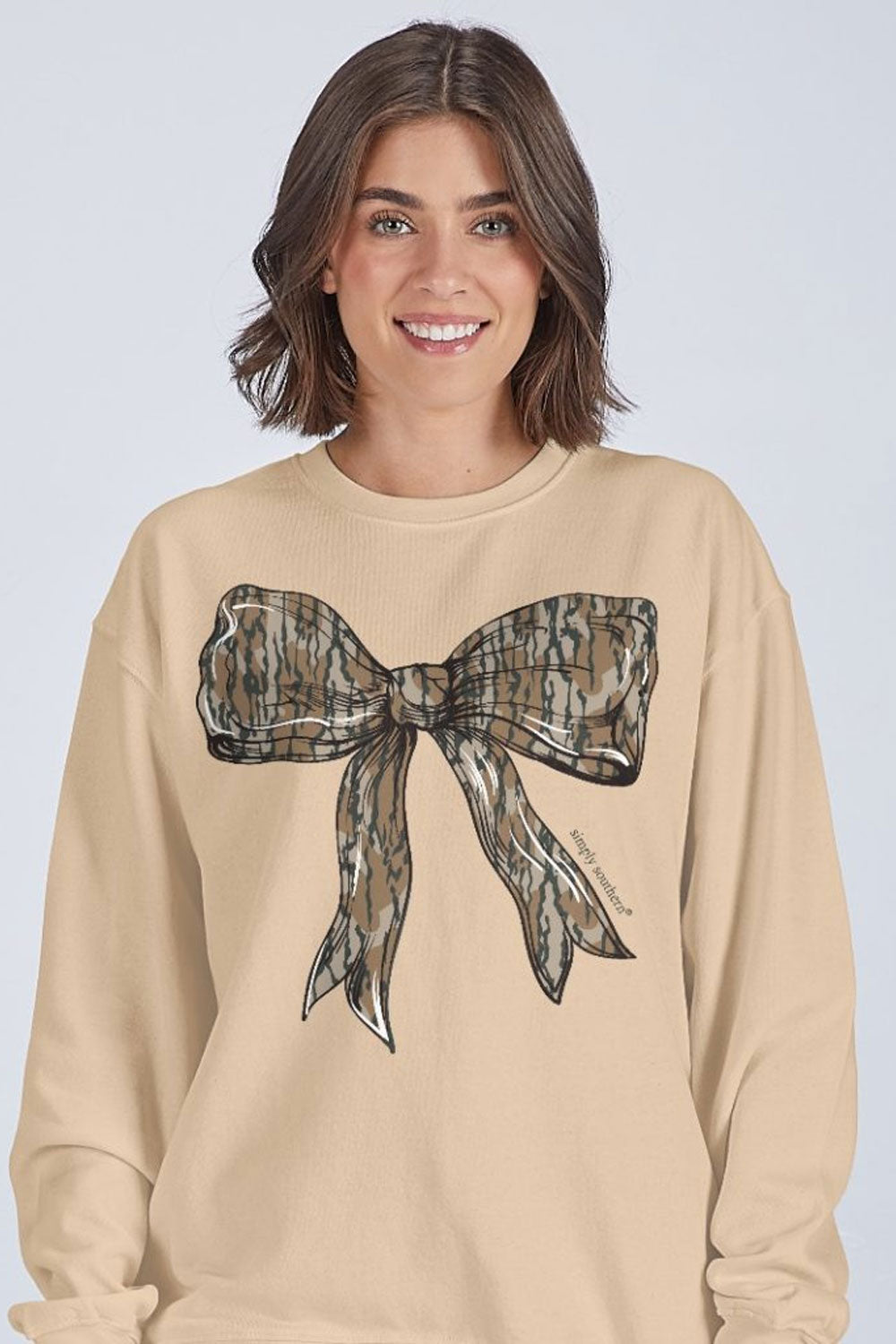 Simply Southern Tree Bark Bow Crewneck for Women in Beige
