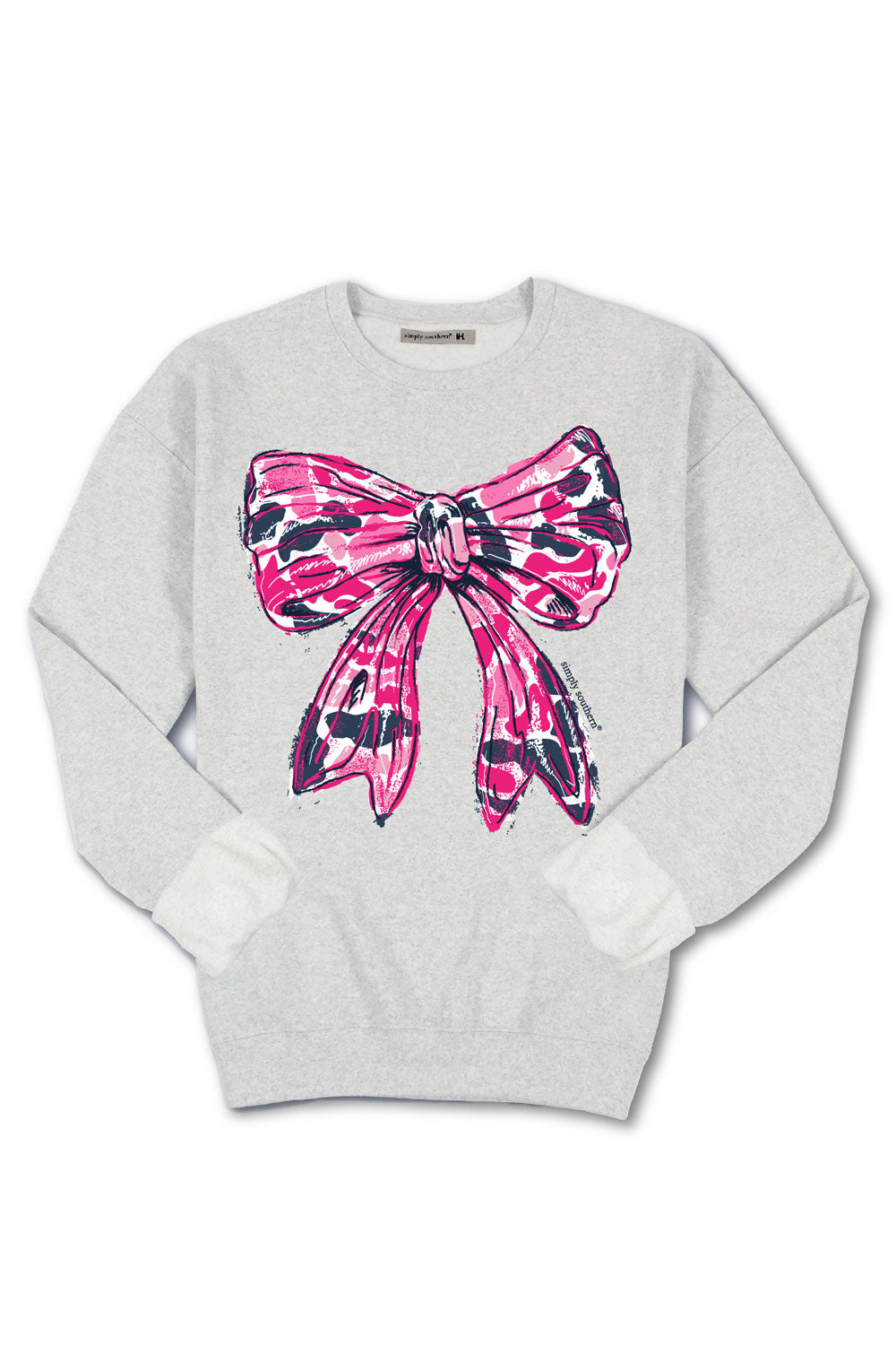  Simply Southern Pink Camo Bow Crewneck for Women in Gray