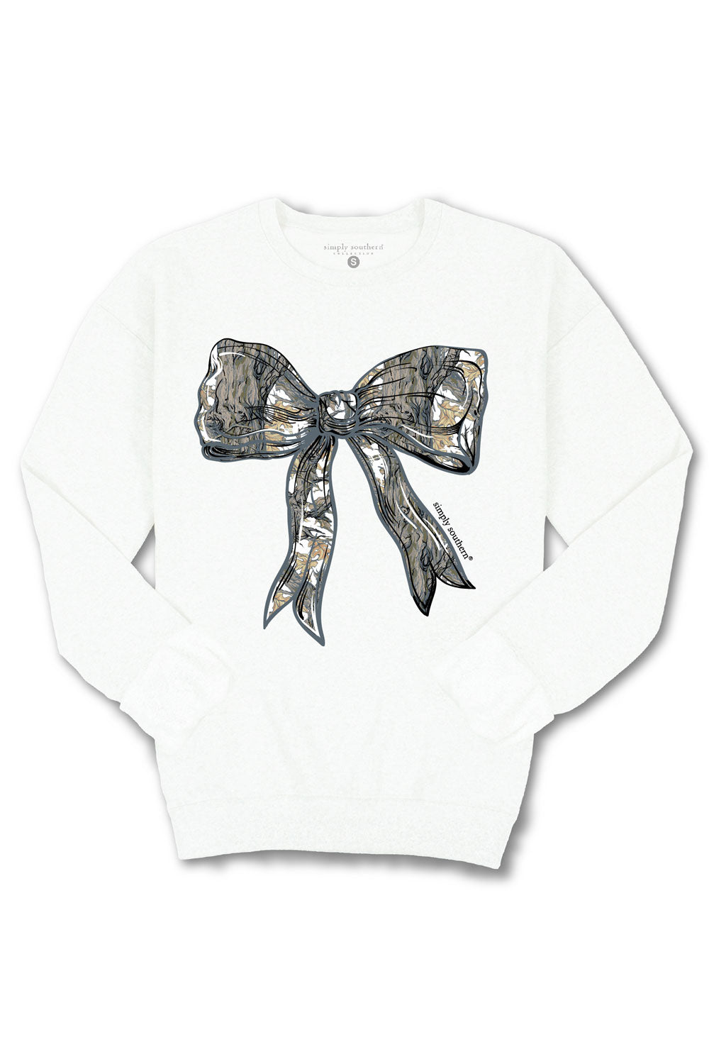 Simply Southern Camo Bow Crewneck for Women in White