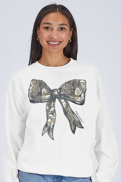 Simply Southern Camo Bow Crewneck for Women in White