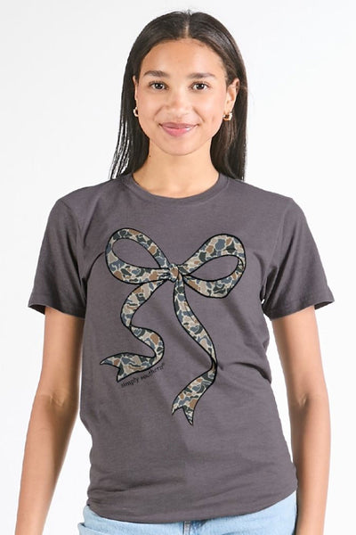  Simply Southern Plus Size Old Camo Bow T-Shirt for Women in Iron Heather